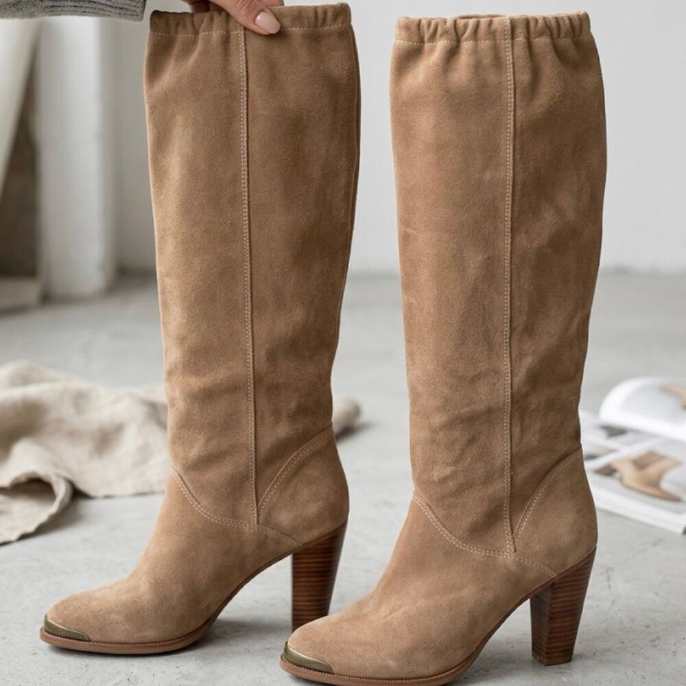 Zodiac calf length vintage suede tan color heeled boots size 8.5 metal toe pull
